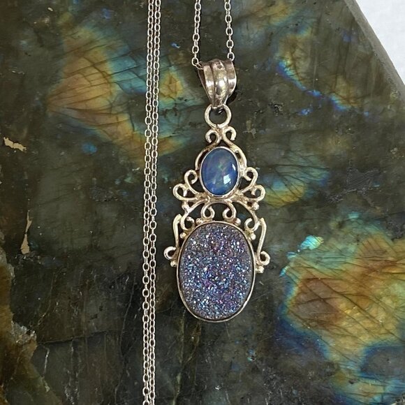 Sterling Silver 925 Oval Opal Titanium Druzy Scrollwork Pendant Necklace 18" - Picture 11 of 16